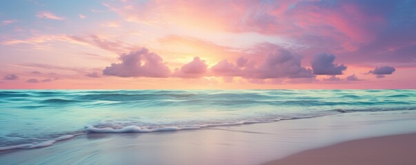 Panoramic nature landscape view of beautiful beach and sea. Inspire tropical beach with sunrise sky. Aerial top view background, drone photo backdrop of seascape horizon. Vacation travel banner - 677523464