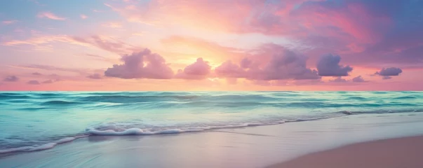 Tuinposter Panoramic nature landscape view of beautiful beach and sea. Inspire tropical beach with sunrise sky. Aerial top view background, drone photo backdrop of seascape horizon. Vacation travel banner © ratatosk