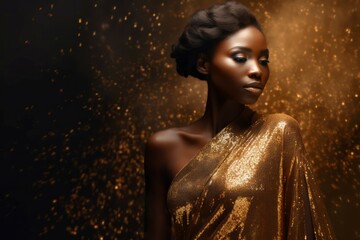 African american woman gold sparkling face. Style elegance fantasy portrait. Generate Ai
