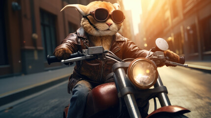 rabbit driving a motorcycle in the city - obrazy, fototapety, plakaty