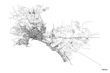 Palma city map with roads and streets, Spain. Vector outline illustration.
