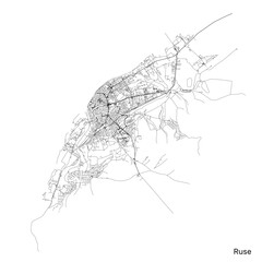 Ruse city map with roads and streets, Bulgaria. Vector outline illustration.