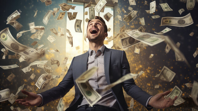 happy business man throwing money in the pile of money background