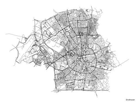 Eindhoven city map with roads and streets, Netherlands. Vector outline illustration.