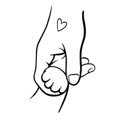 hand and cat paw in human hand. Paw Heart. Friendship between man and animal. Cheerful character greets pet with a handshake.