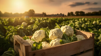 Cauliflower harvested in a wooden box with field and sunset in the background. Natural organic fruit abundance. Agriculture, healthy and natural food concept. Horizontal composition.