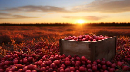 Cranberries harvested in a wooden box in a farm with sunset. Natural organic fruit abundance. Agriculture, healthy and natural food concept. Horizontal composition.