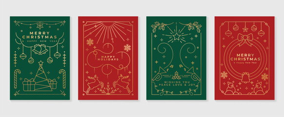 Obraz premium Luxury christmas invitation card art deco design vector. Christmas tree, bauble ball, reindeer, snowman, trumpet line art on green and red background. Design illustration for cover, poster, wallpaper.