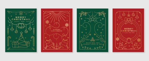  Luxury christmas invitation card art deco design vector. Christmas tree, bauble ball, reindeer, snowman, trumpet line art on green and red background. Design illustration for cover, poster, wallpaper. © TWINS DESIGN STUDIO