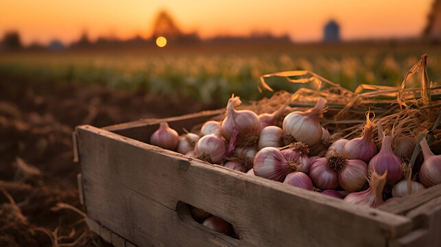Garlic harvested in a wooden box with field and sunset in the background. Natural organic fruit abundance. Agriculture, healthy and natural food concept. Horizontal composition.