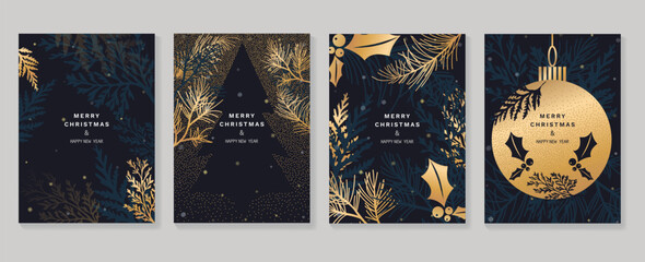 Luxury christmas invitation card art deco design vector. Christmas tree, bauble ball, pine leaves, holly sprig, bokeh on dark blue background. Design illustration for cover, print, poster, wallpaper.