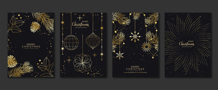 Luxury christmas invitation card art deco design vector. Christmas bauble ball, foliage, snowflake, twinkling star on dark background. Design illustration for cover, print, poster, wallpaper.
