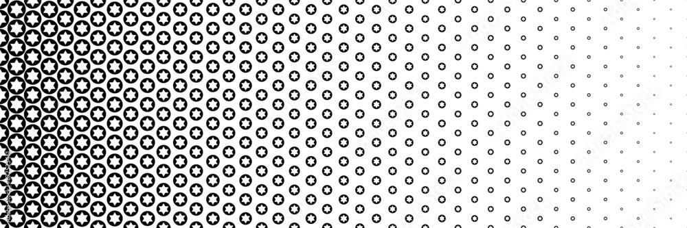 Poster horizontal black halftone of white star in black circle design for pattern and background.
