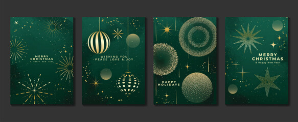 Luxury christmas invitation card art deco design vector. Christmas bauble ball, firework, snowflake, watercolor texture on green background. Design illustration for cover, print, poster, wallpaper. - obrazy, fototapety, plakaty