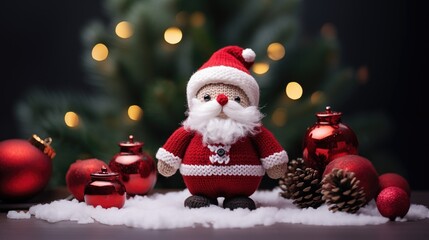 Fototapeta premium Knitted Santa claus doll in front of bokeh flocked Christmas tree.