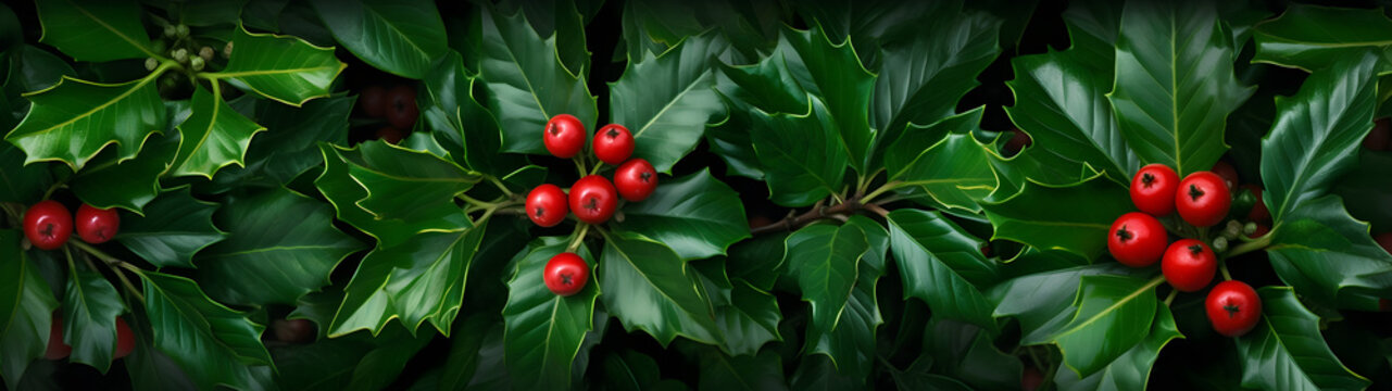 Abstract background with green Holy Berry leaves and baubles. Horizontal composition, banner.