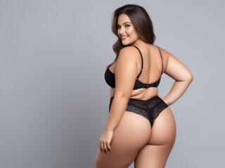 Plus size model in black lingerie, overweight female body, fat woman on gray background - obrazy, fototapety, plakaty