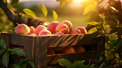 Peaches harvested in a wooden box with orchard and sunset in the background. Natural organic fruit abundance. Agriculture, healthy and natural food concept. Horizontal composition.