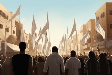 Naklejka premium illustration of Arab crowd with white flags on .Generative AI