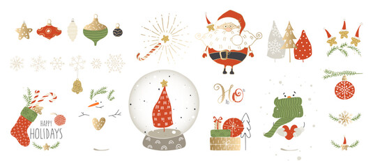 Collection of Christmas decorations. Cartoon Christmas trees, snowmen, Santa Claus, snowflakes, balls, sock.
