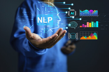 Natural language processing NLP concept with a man hand holding ai artificial intelligence and work...