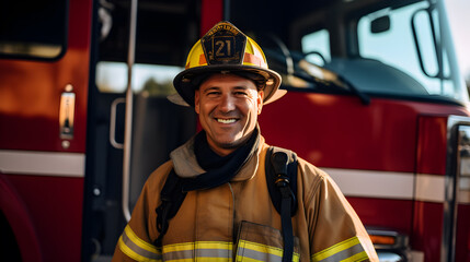 Male firefighter wears a fire suit and a fire helmet. Ready to perform missions.
