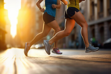 close up legs runner group running on sunrise seaside trail, AI generative