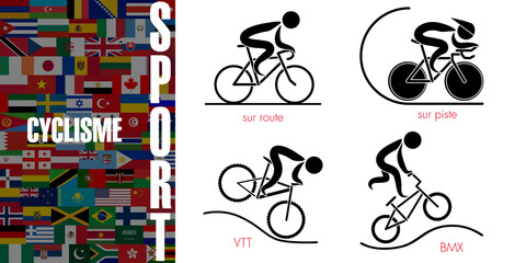 Ensemble de pictogrammes représentant les 4 disciplines sportives réalisées avec un vélo - Texte sur un fond de drapeaux mondiaux, Traduction : sport, cyclisme.