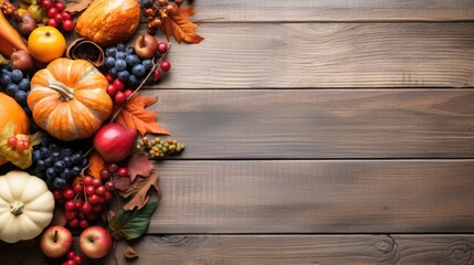 Top view of a set of pumpkins, berries, grapes and apples on a wooden table with copy space