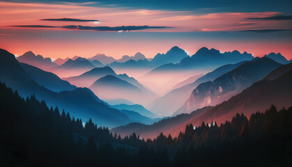 Obraz premium A mountain landscape at sunset with soft color transitions in the sky and mountains.