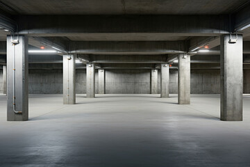 Front view of new empty underground parking with concrete columns, shiny asphalt, and nobody inside - obrazy, fototapety, plakaty