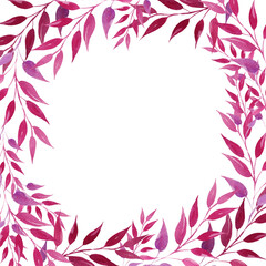 Fototapeta na wymiar watercolor frame with pink and magenta leaves, hand drawn illustration, sketch, rose color, purple color herbal ornament, isolated on white background