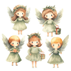 set of little angels wearing green dresses vectors