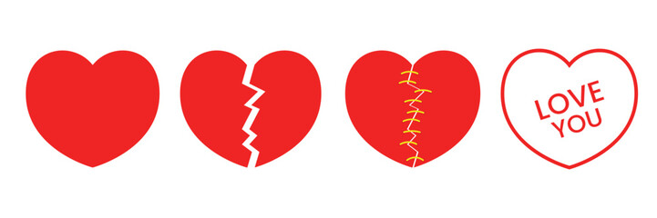 Red broken hearts collection, Stitch hearts vector set, Valentine day theme
