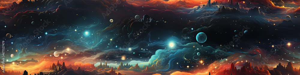 Wall mural seamless pattern with outer space with stars, universes and galaxies on dark multicolored background