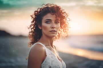 Fototapeta na wymiar Brunette bride curly hair beach portrait sunset nature. Trendy marriage luxury happy lady. Generate Ai