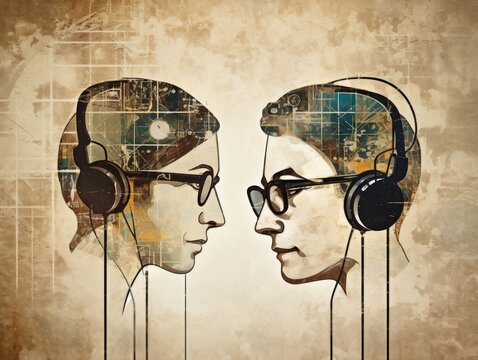 Retro Dialogue conversation illustration Art, Misslack of communication, rhetoric in relationship, sad mad dispute couple therapy, hard love argument and dispute, psychology of quarrel, mixed signals