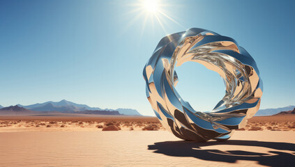 Stylish deformed steel round object in the middle of the desert, Generative AI