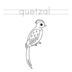 Trace the letters and color cartoon quetzal. Handwriting practice for kids.