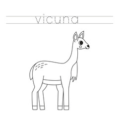 Trace the letters and color cartoon vicuna. Handwriting practice for kids.
