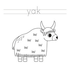 Trace the letters and color cartoon yak. Handwriting practice for kids.