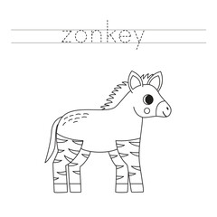Trace the letters and color cartoon zonkey. Handwriting practice for kids.