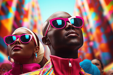 Close-up portrait of glamorous African American couple in neon colorful clothes and stylish sunglasses against the multi-colored background. Bottom-up perspective. Beauty and fashion.