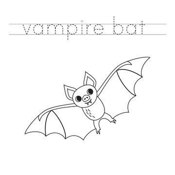 Trace the letters and color cartoon vampire bat. Handwriting practice for kids.