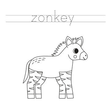 Trace the letters and color cartoon zonkey. Handwriting practice for kids.