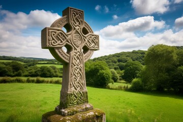 Celtic cross stone monument blue sky nature. Grave culture tourism sky tombstone. Generate Ai