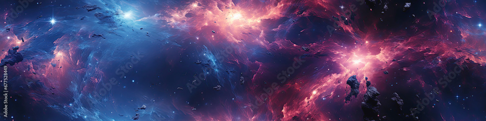 Poster seamless pattern with outer space with stars, universes and galaxies on bright multicolored backgrou