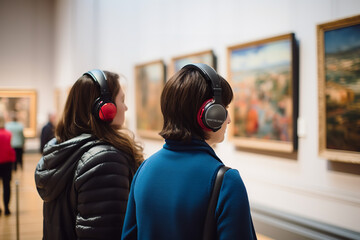 Engage with a scene of museum-goers engrossed in their audio guides, soaking in the nuances of a collection of impressionist artworks.