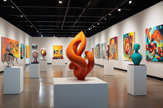 Explore the avant-garde world of a modern art museum, where abstract sculptures coexist harmoniously with vivid paintings, invoking a sense of artistic wonder.