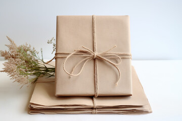 Gift packaging zero waste. Eco-friendly notebook, recycled paper wrapping paper, natural strings